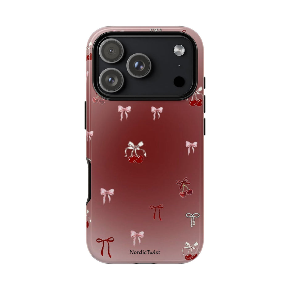 Cherry Bow Phone Case — Cute Red Gradient Protective Cover