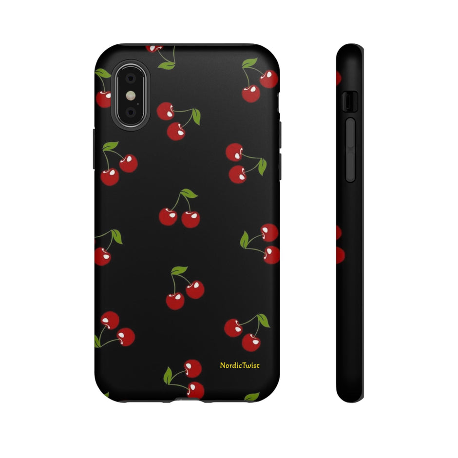 Cherry Pattern Tough Phone Case — Black Retro Cherry iPhone Cover