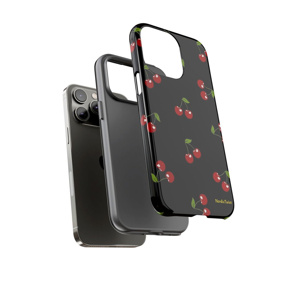 Cherry Pattern Tough Phone Case — Black Retro Cherry iPhone Cover