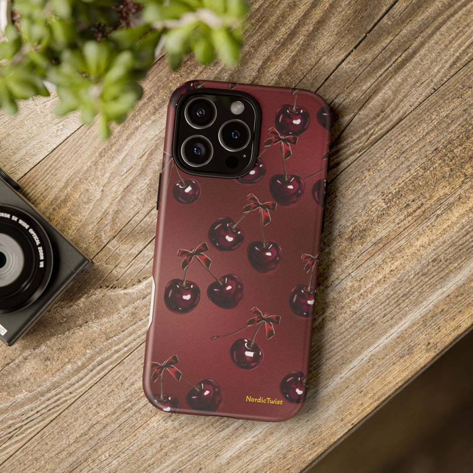 Cherry Pattern Tough Phone Case — Retro Dark Red Cherry iPhone Cover