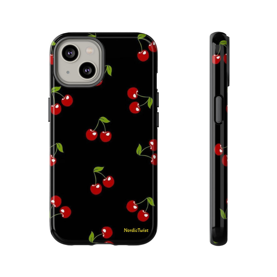 Cherry Pattern Tough Phone Case — Black Retro Cherry iPhone Cover