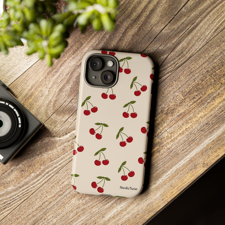 Cherry Pattern Tough Phone Case — Retro Red Cherries on Cream