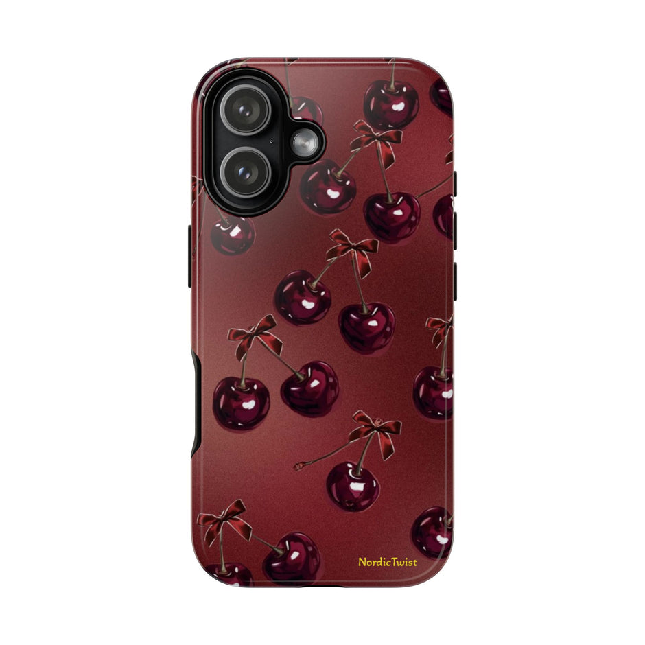 Cherry Pattern Tough Phone Case — Retro Dark Red Cherry iPhone Cover