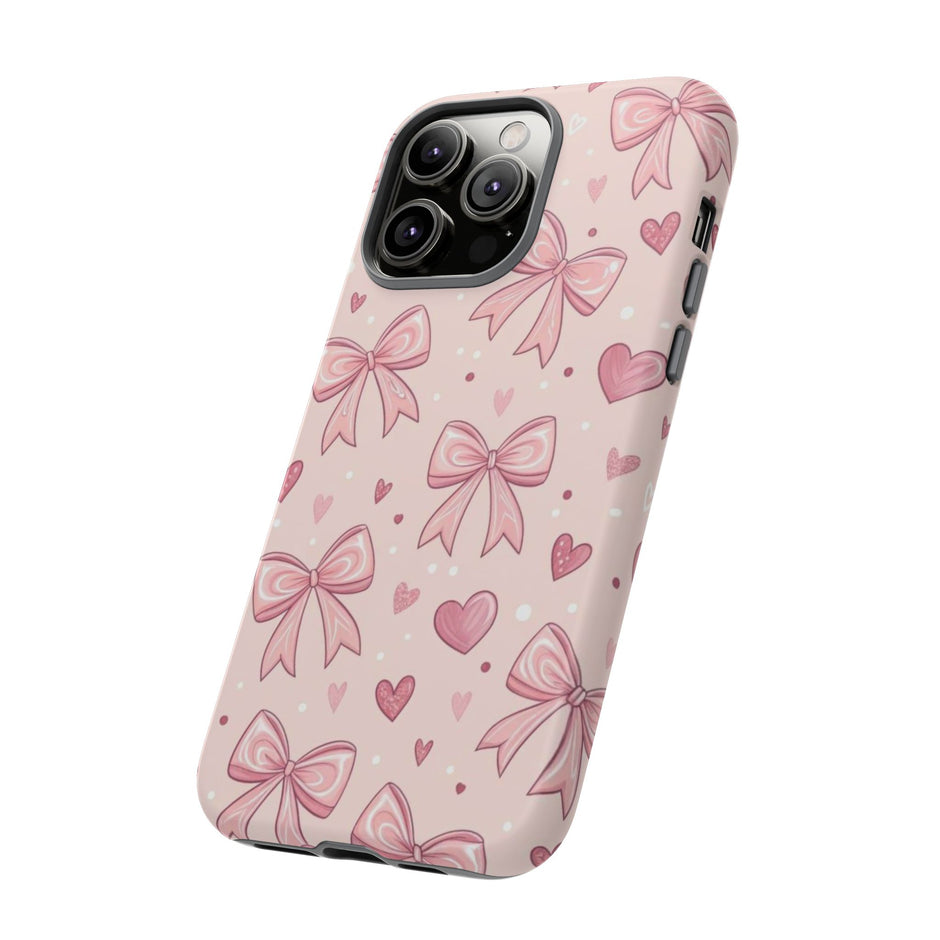 Pink Bow & Hearts Tough Phone Case — Cute Floral Ribbon iPhone Cover
