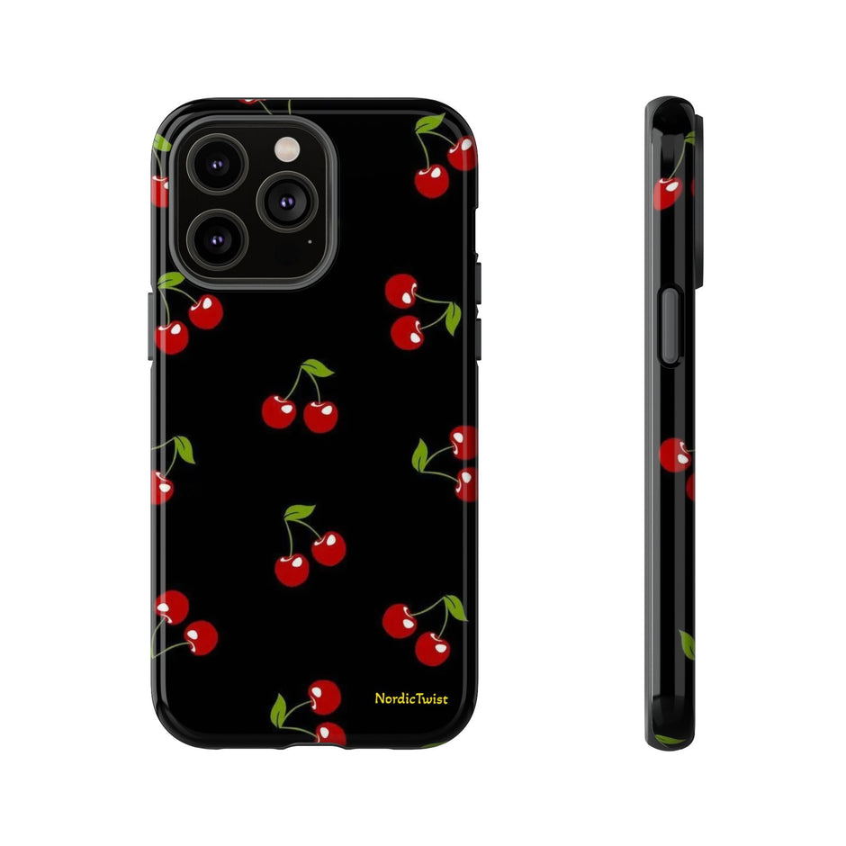 Cherry Pattern Tough Phone Case — Black Retro Cherry iPhone Cover