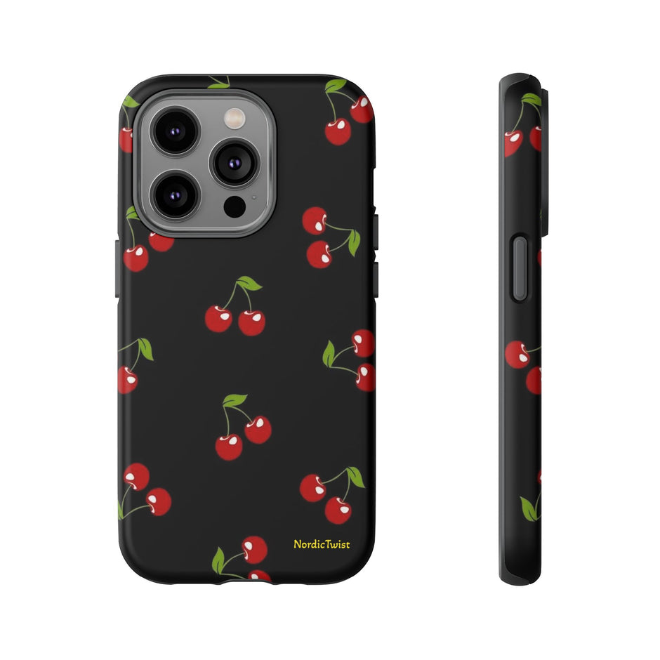 Cherry Pattern Tough Phone Case — Black Retro Cherry iPhone Cover