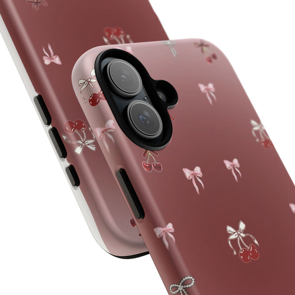 Cherry Bow Phone Case — Cute Red Gradient Protective Cover