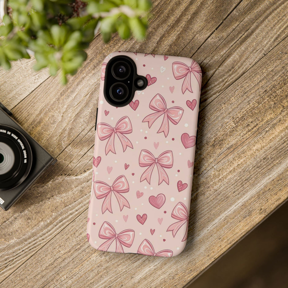 Pink Bow & Hearts Tough Phone Case — Cute Floral Ribbon iPhone Cover