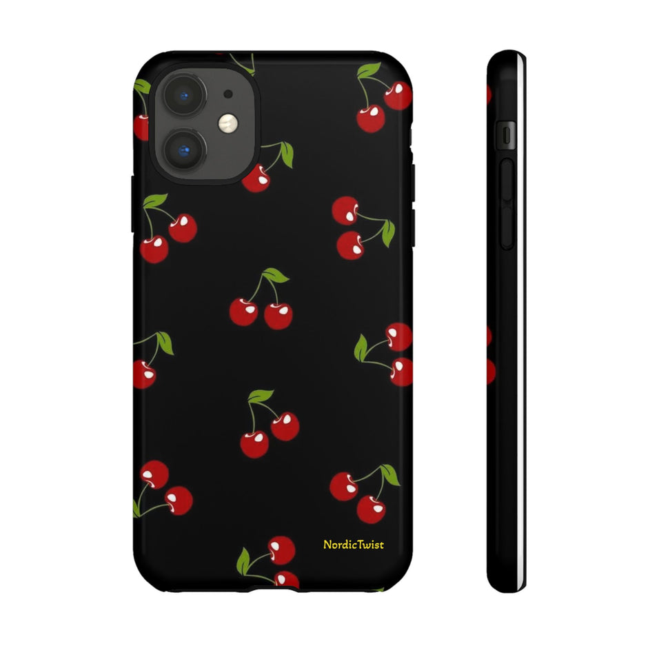 Cherry Pattern Tough Phone Case — Black Retro Cherry iPhone Cover