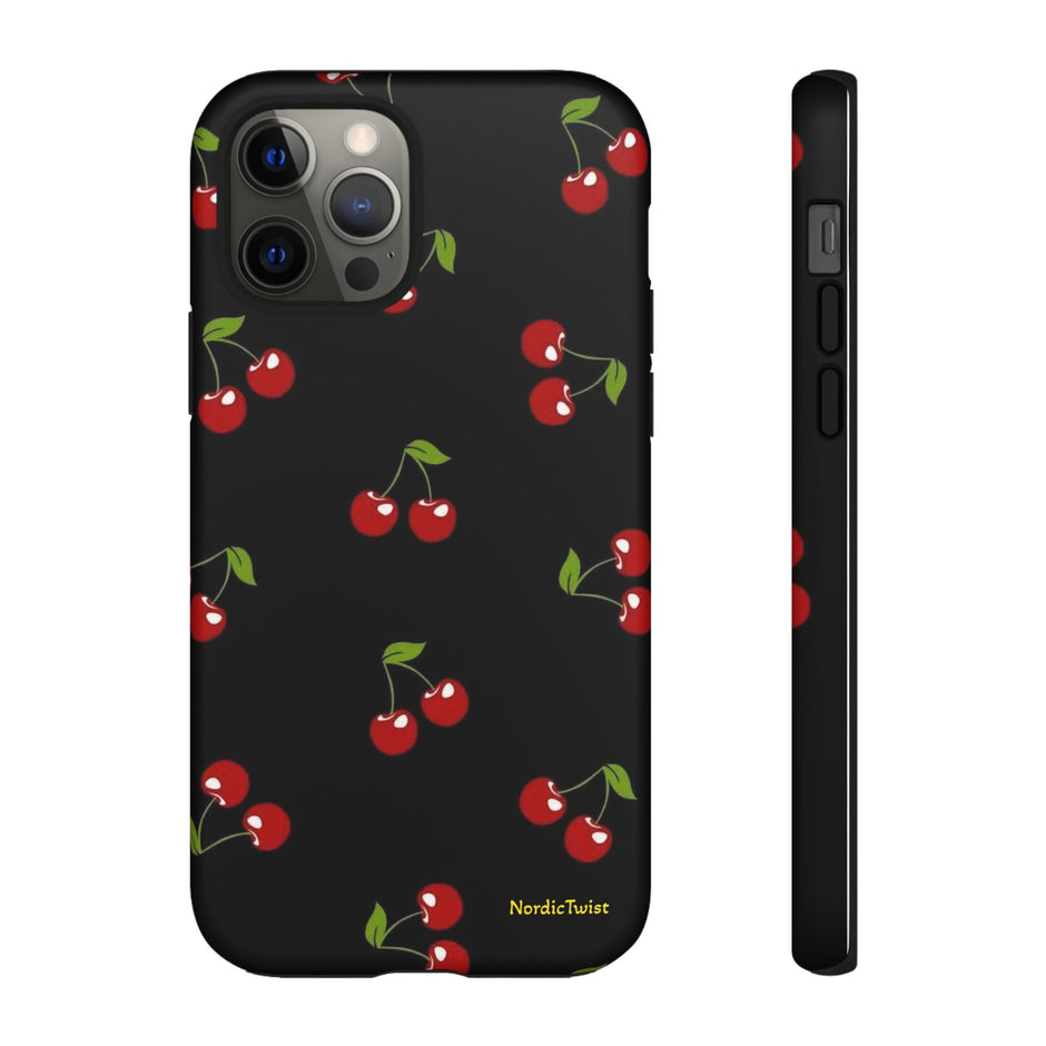 Cherry Pattern Tough Phone Case — Black Retro Cherry iPhone Cover