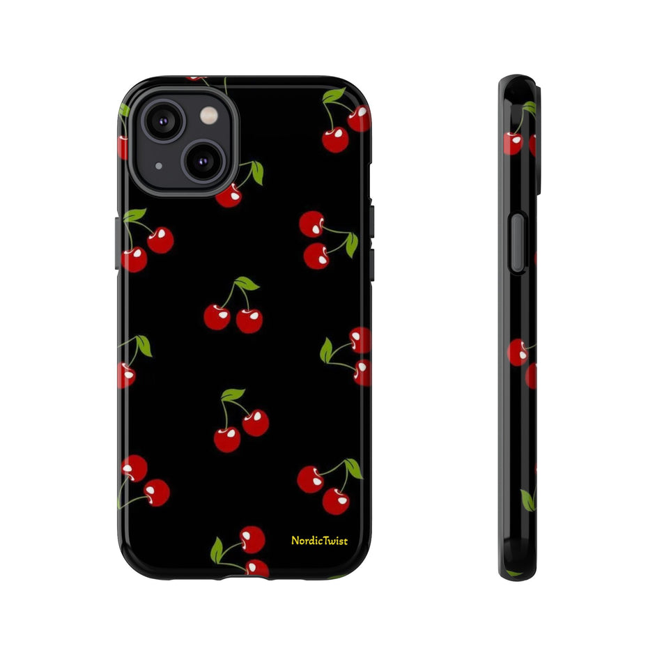 Cherry Pattern Tough Phone Case — Black Retro Cherry iPhone Cover
