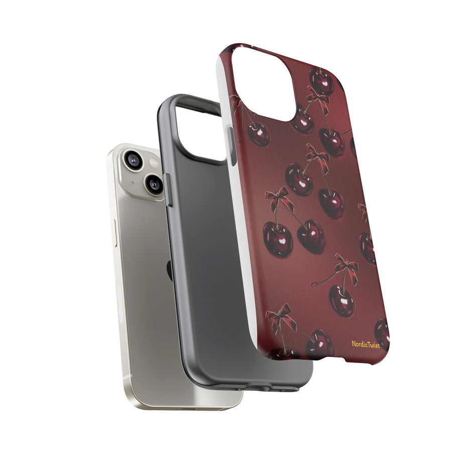 Cherry Pattern Tough Phone Case — Retro Dark Red Cherry iPhone Cover