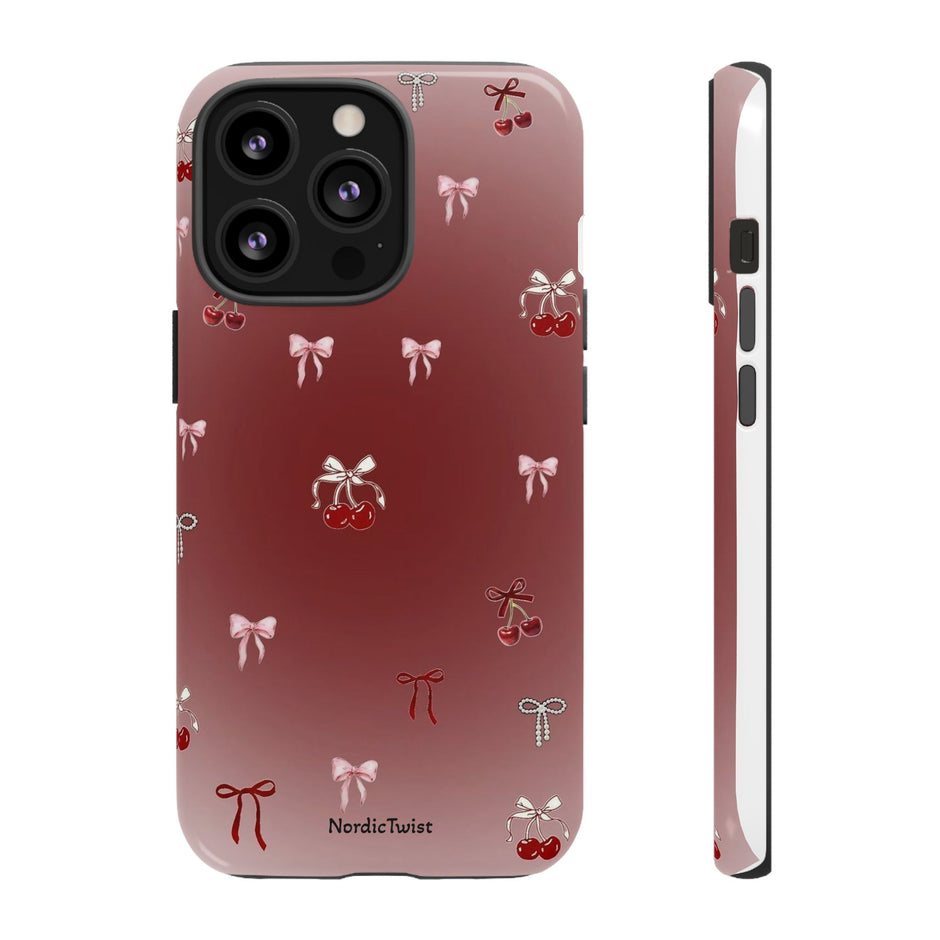 Cherry Bow Phone Case — Cute Red Gradient Protective Cover