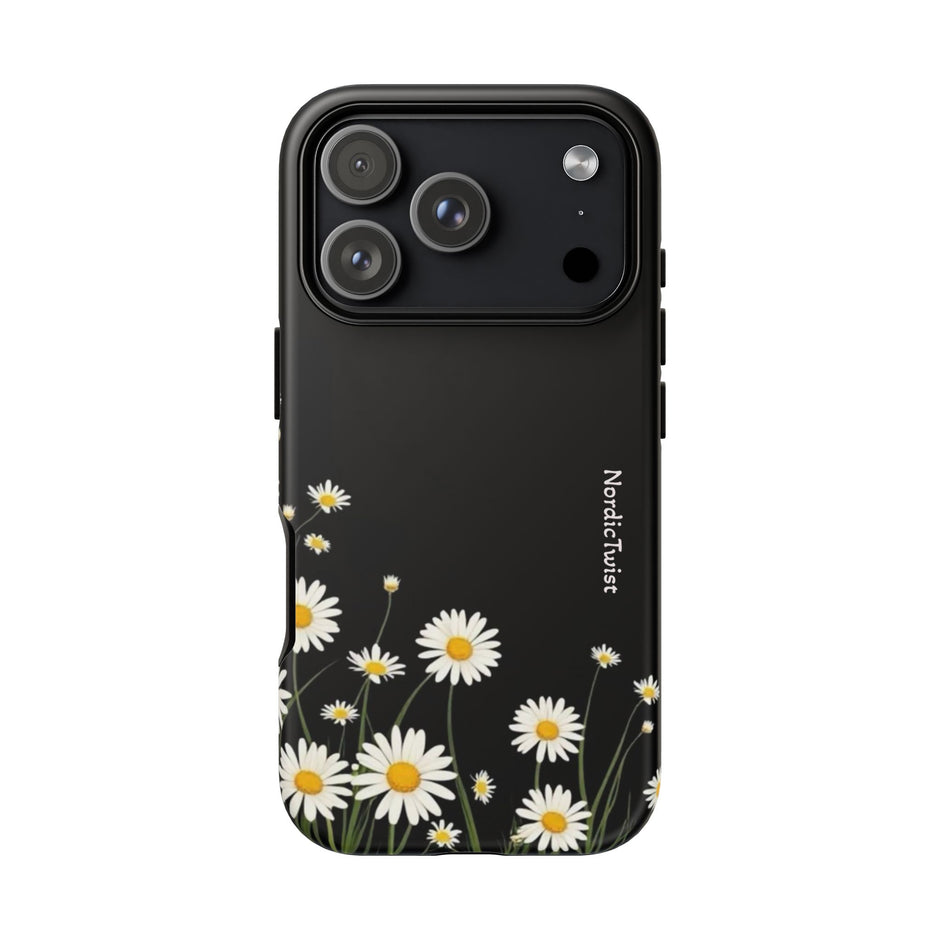 Daisy Floral Tough Phone Case – Protective Black Phone Cover with White Daisies