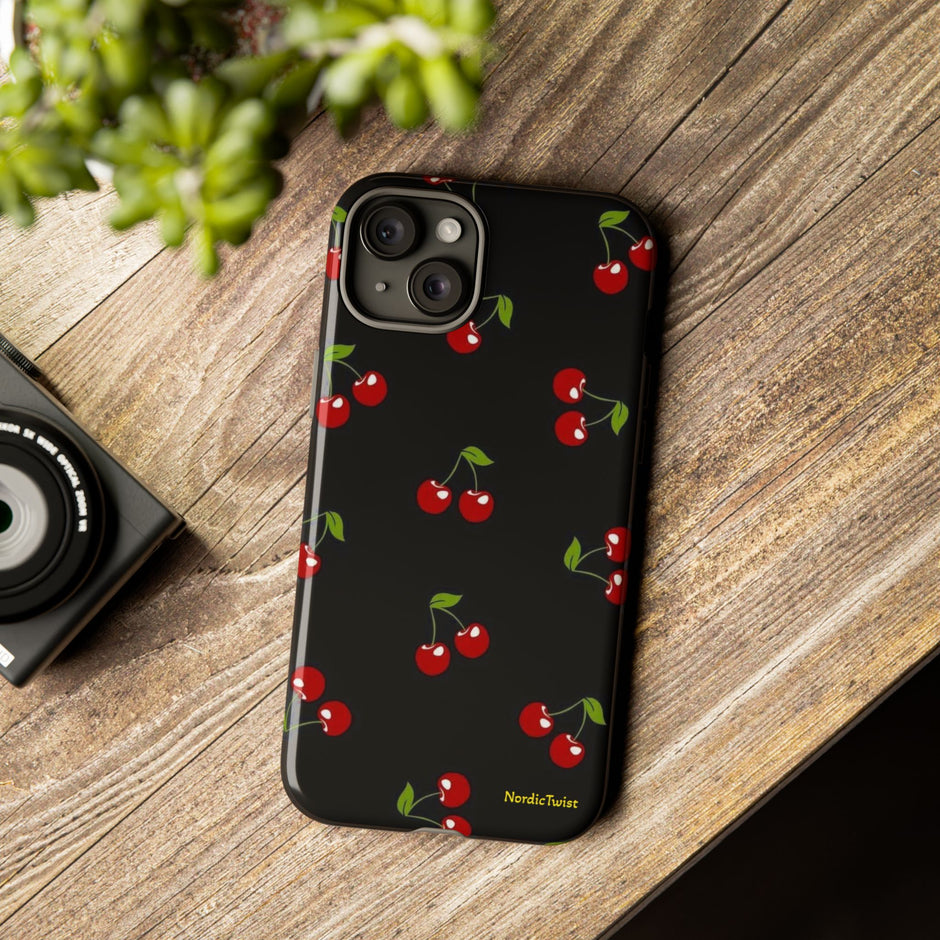 Cherry Pattern Tough Phone Case — Black Retro Cherry iPhone Cover