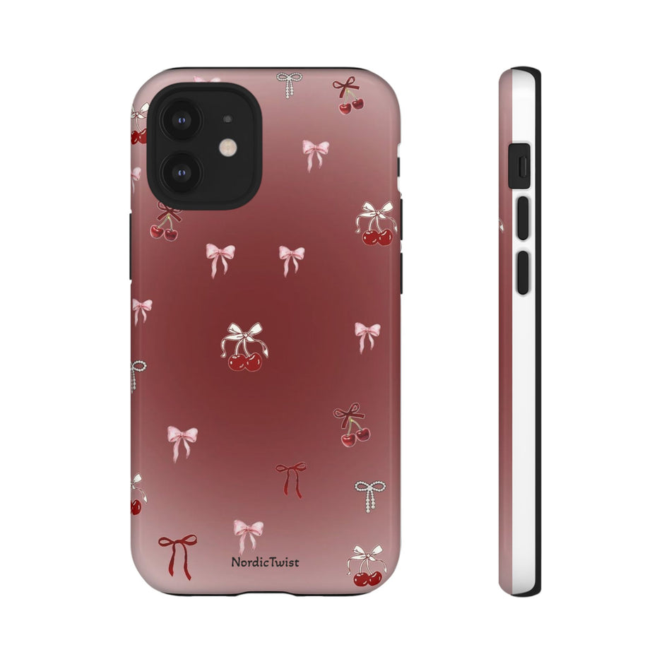Cherry Bow Phone Case — Cute Red Gradient Protective Cover