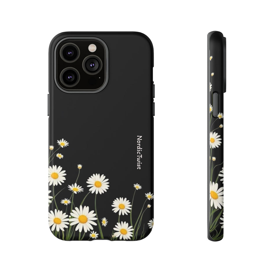 Daisy Floral Tough Phone Case – Protective Black Phone Cover with White Daisies