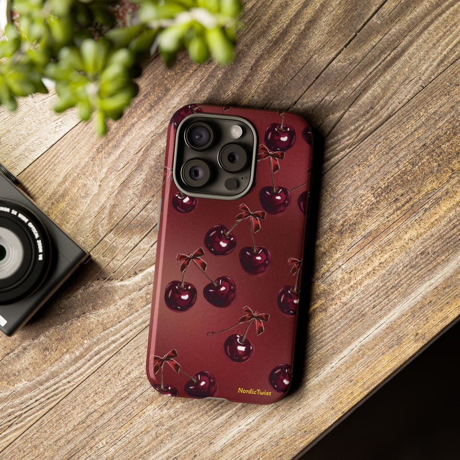 Cherry Pattern Tough Phone Case — Retro Dark Red Cherry iPhone Cover