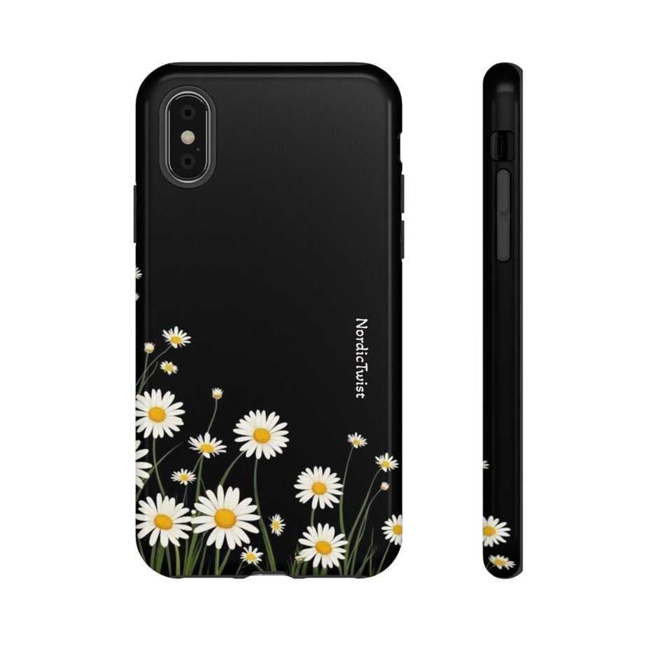 Daisy Floral Tough Phone Case – Protective Black Phone Cover with White Daisies