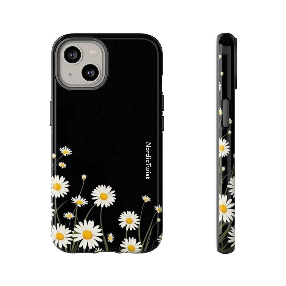 Daisy Floral Tough Phone Case – Protective Black Phone Cover with White Daisies