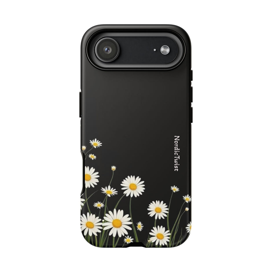 Daisy Floral Tough Phone Case – Protective Black Phone Cover with White Daisies