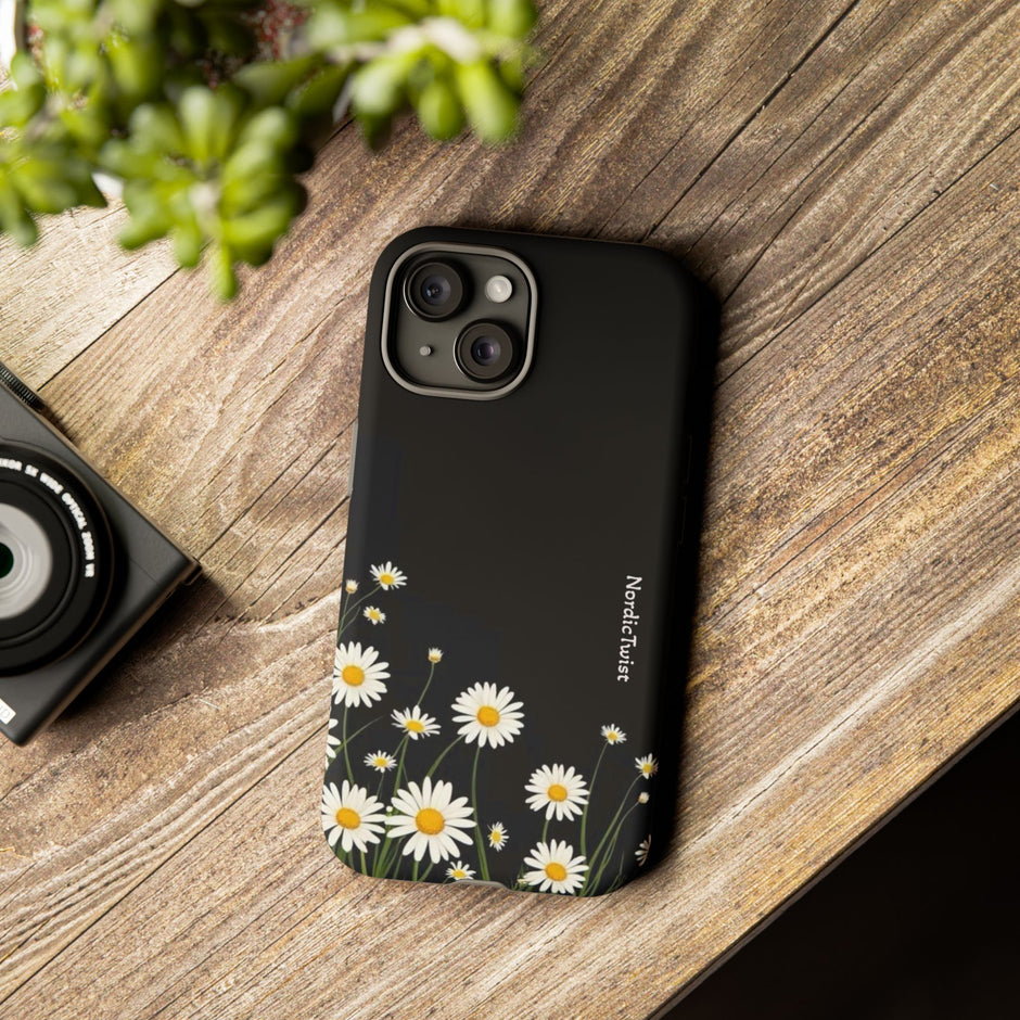 Daisy Floral Tough Phone Case – Protective Black Phone Cover with White Daisies