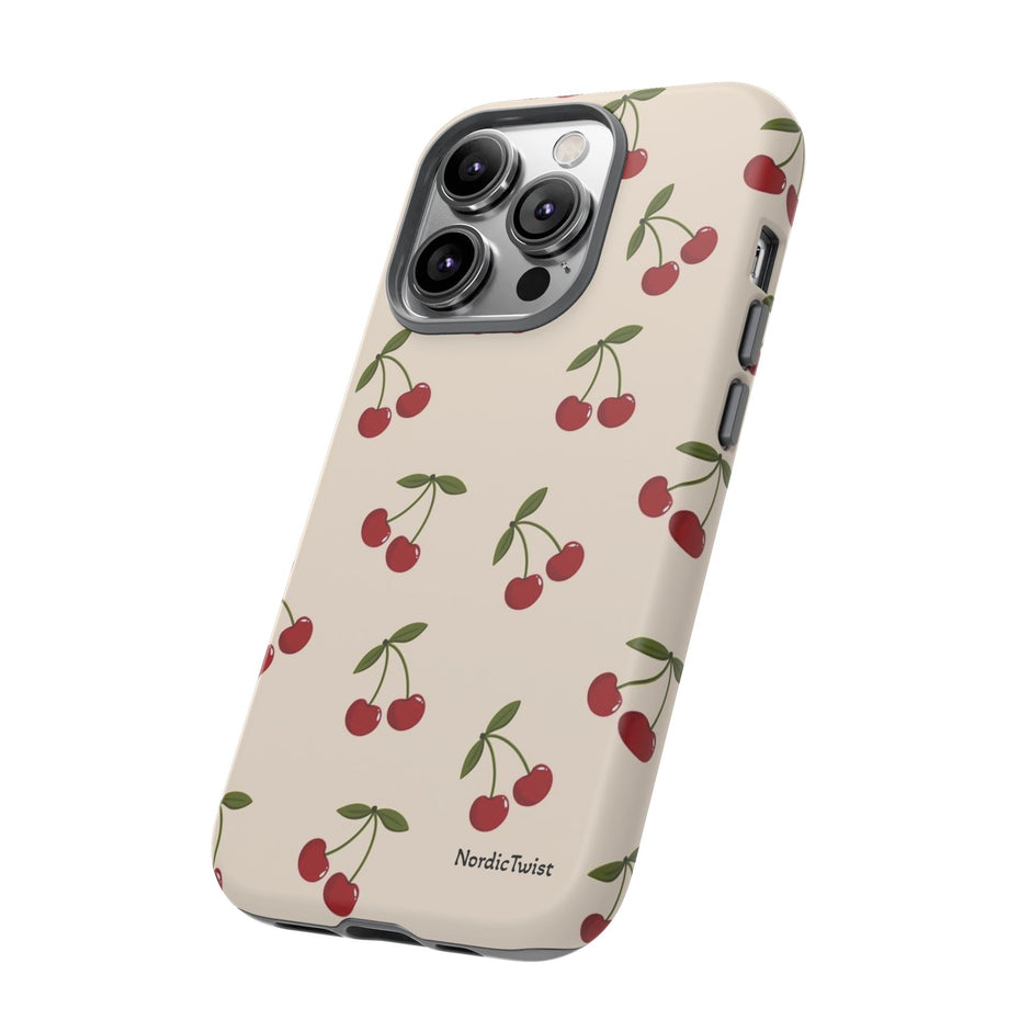 Cherry Pattern Tough Phone Case — Retro Red Cherries on Cream