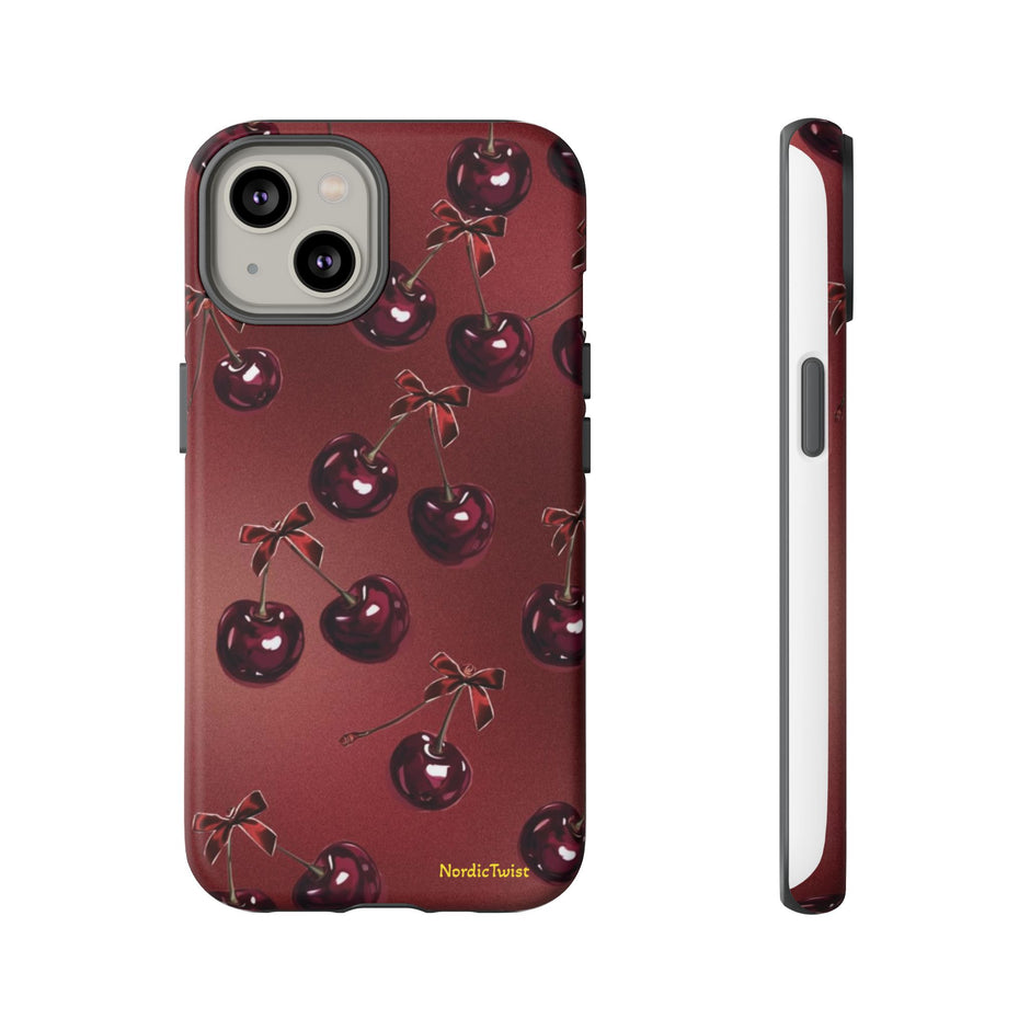 Cherry Pattern Tough Phone Case — Retro Dark Red Cherry iPhone Cover