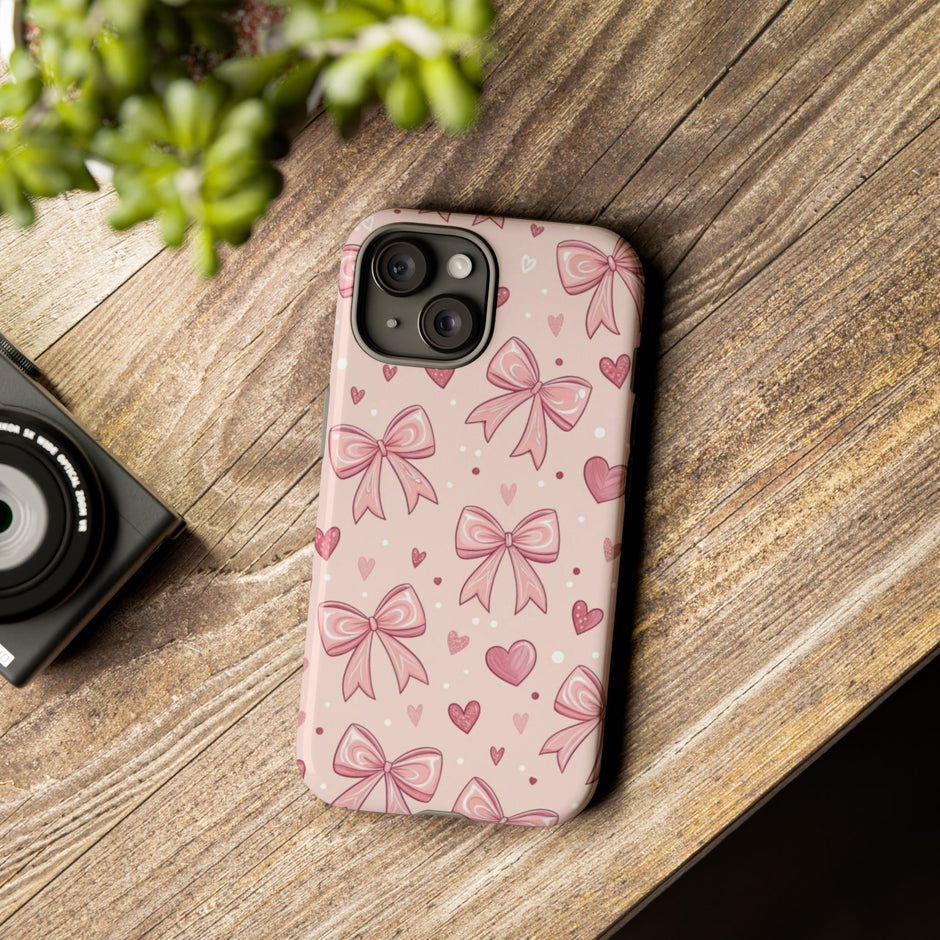 Pink Bow & Hearts Tough Phone Case — Cute Floral Ribbon iPhone Cover