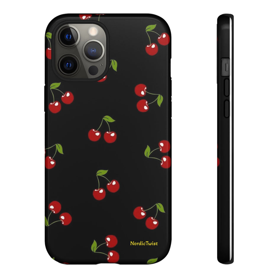 Cherry Pattern Tough Phone Case — Black Retro Cherry iPhone Cover