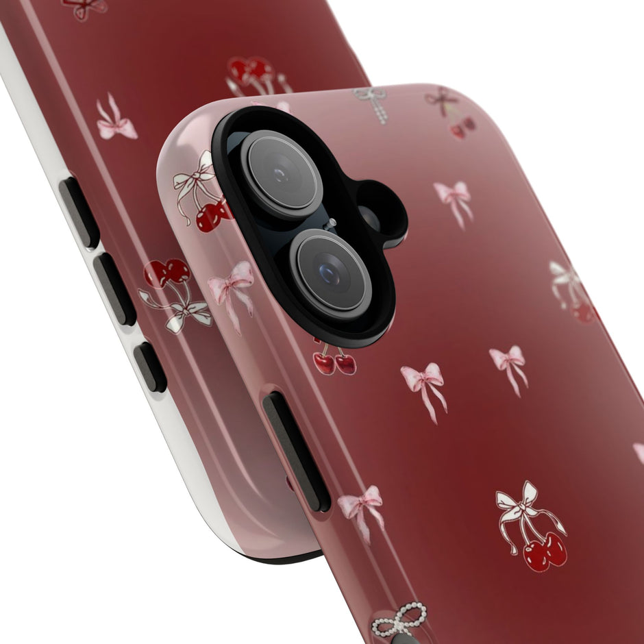 Cherry Bow Phone Case — Cute Red Gradient Protective Cover