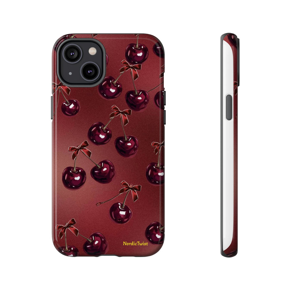 Cherry Pattern Tough Phone Case — Retro Dark Red Cherry iPhone Cover