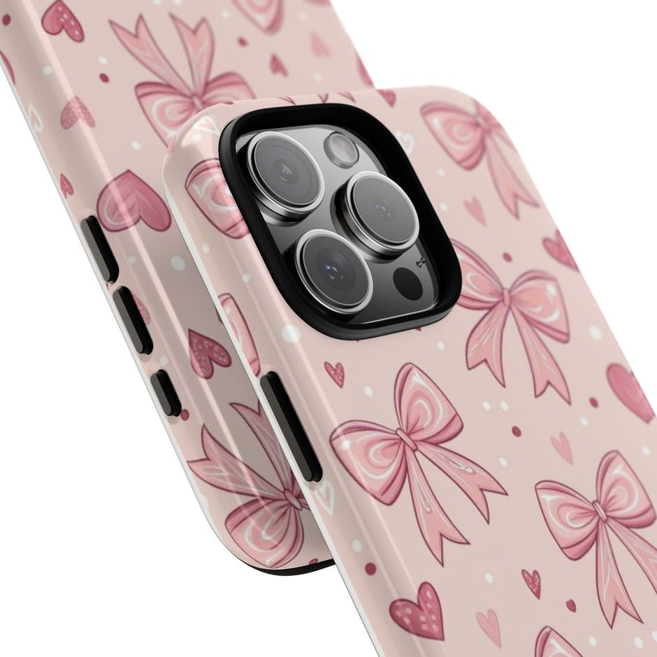 Pink Bow & Hearts Tough Phone Case — Cute Floral Ribbon iPhone Cover