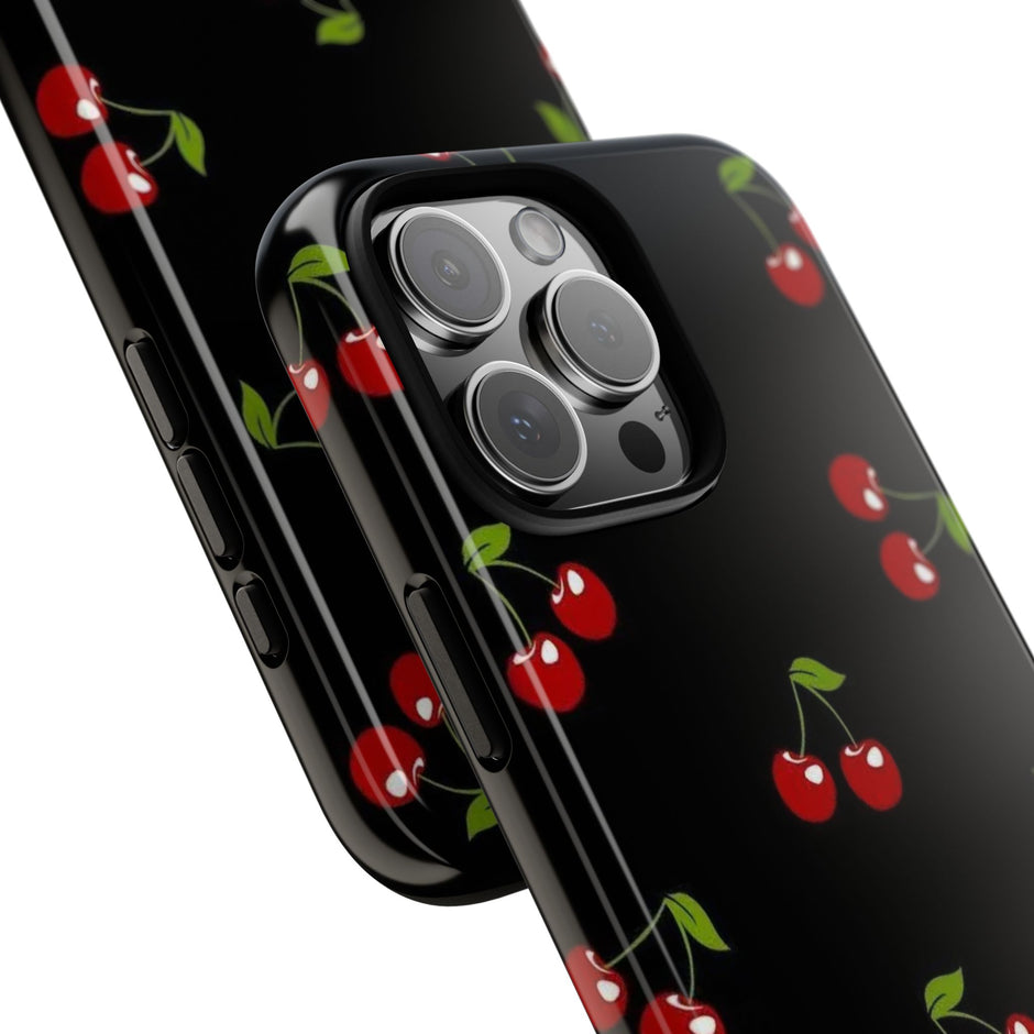 Cherry Pattern Tough Phone Case — Black Retro Cherry iPhone Cover