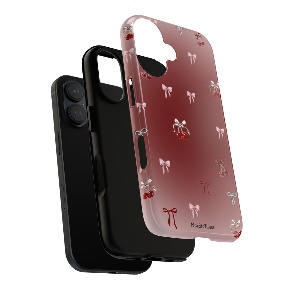 Cherry Bow Phone Case — Cute Red Gradient Protective Cover