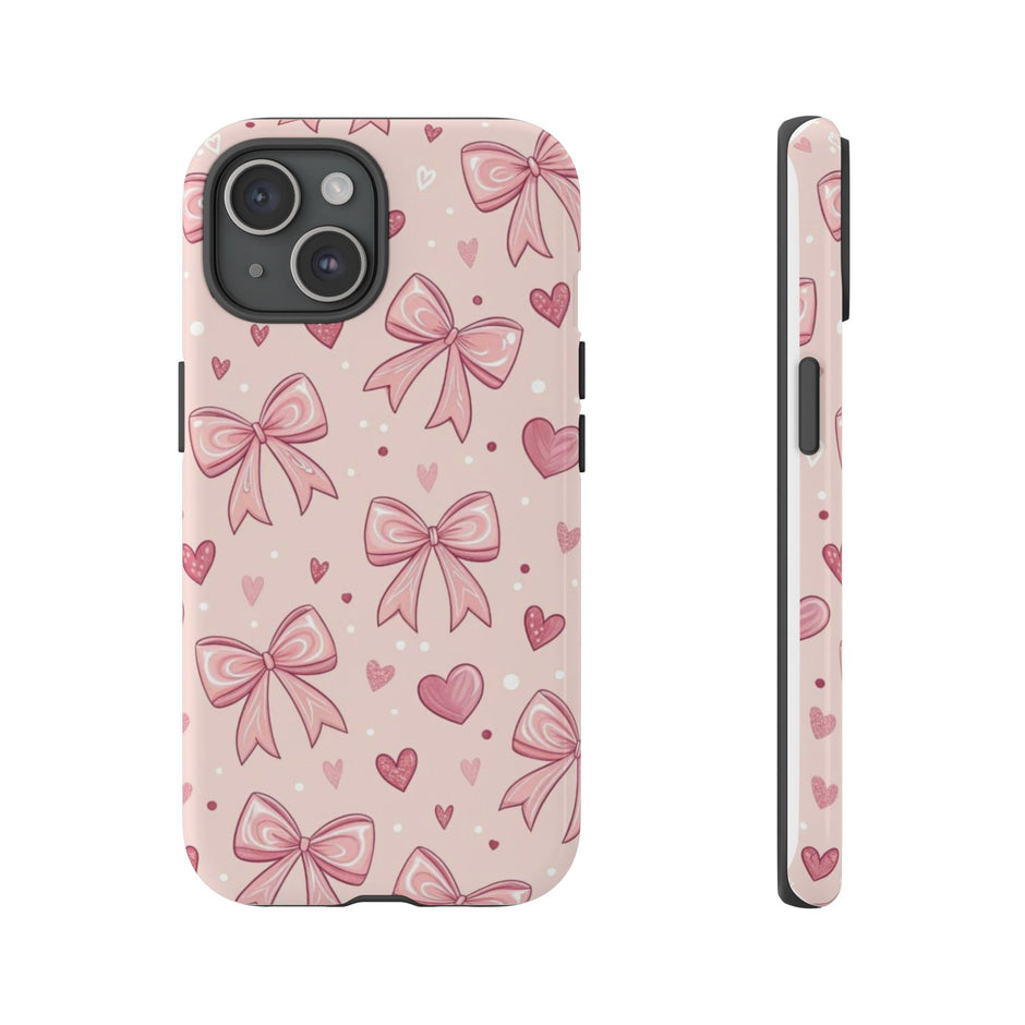 Pink Bow & Hearts Tough Phone Case — Cute Floral Ribbon iPhone Cover