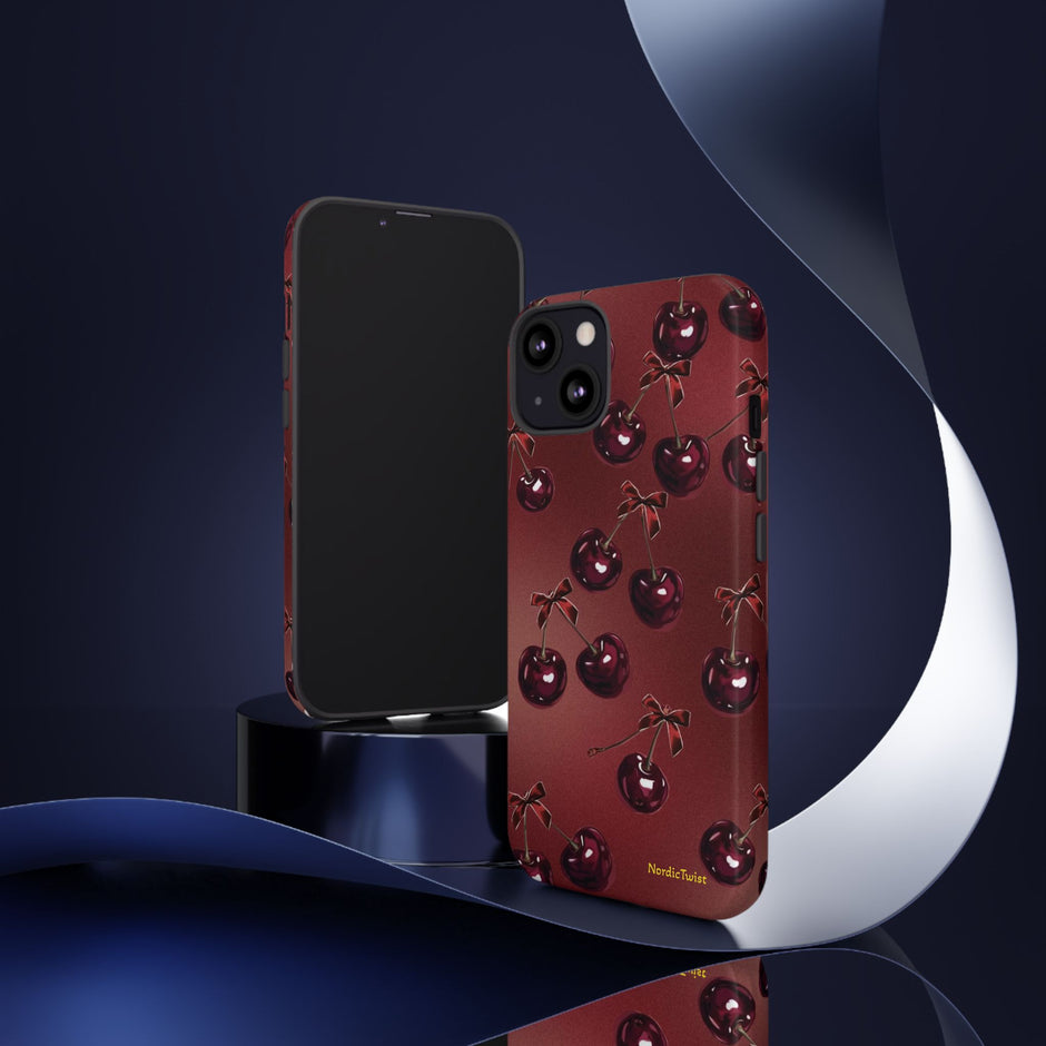Cherry Pattern Tough Phone Case — Retro Dark Red Cherry iPhone Cover