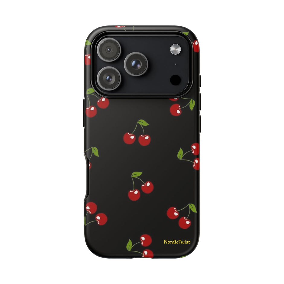 Cherry Pattern Tough Phone Case — Black Retro Cherry iPhone Cover