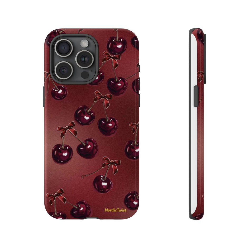 Cherry Pattern Tough Phone Case — Retro Dark Red Cherry iPhone Cover