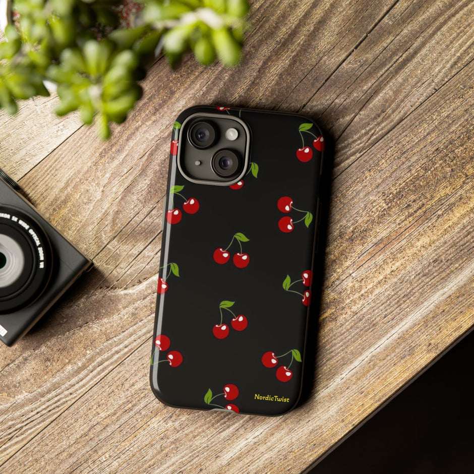 Cherry Pattern Tough Phone Case — Black Retro Cherry iPhone Cover