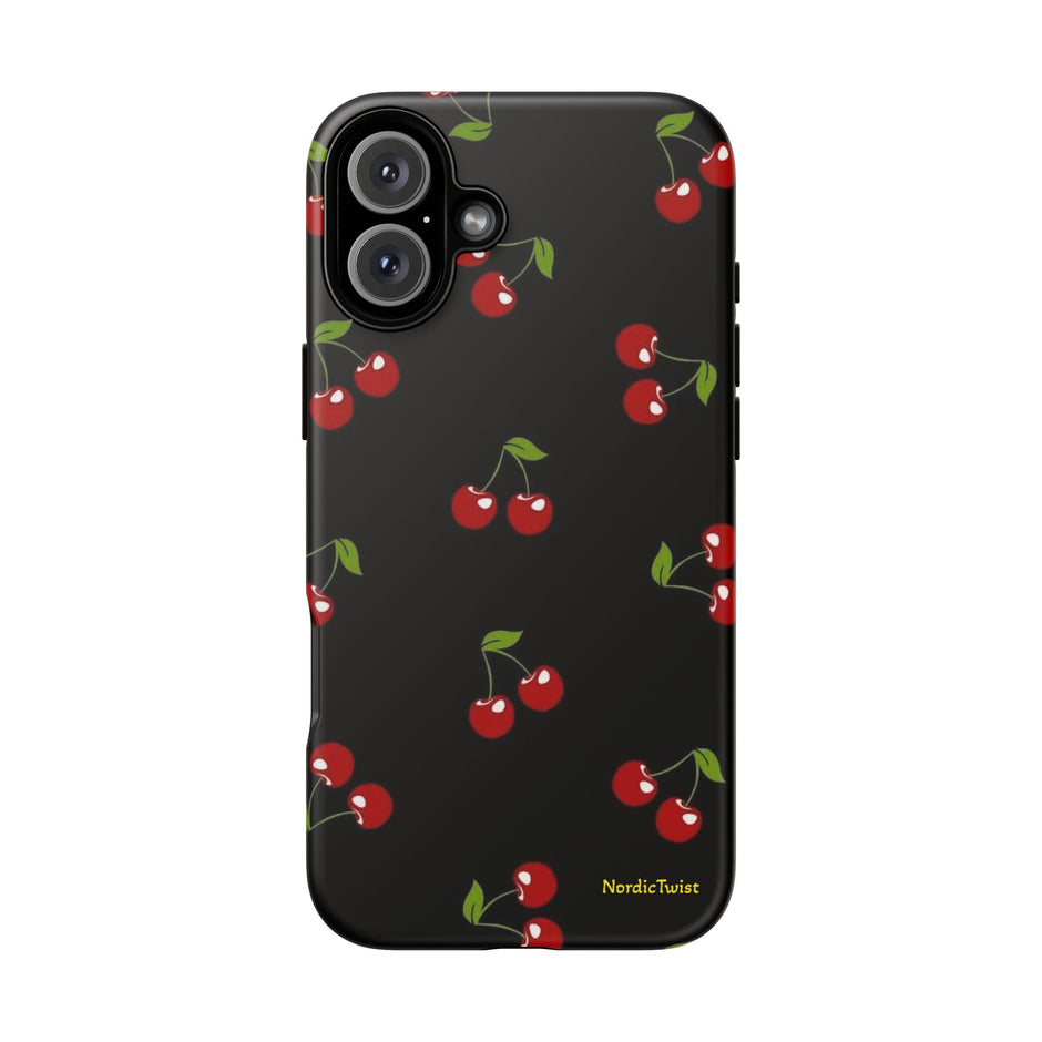 Cherry Pattern Tough Phone Case — Black Retro Cherry iPhone Cover
