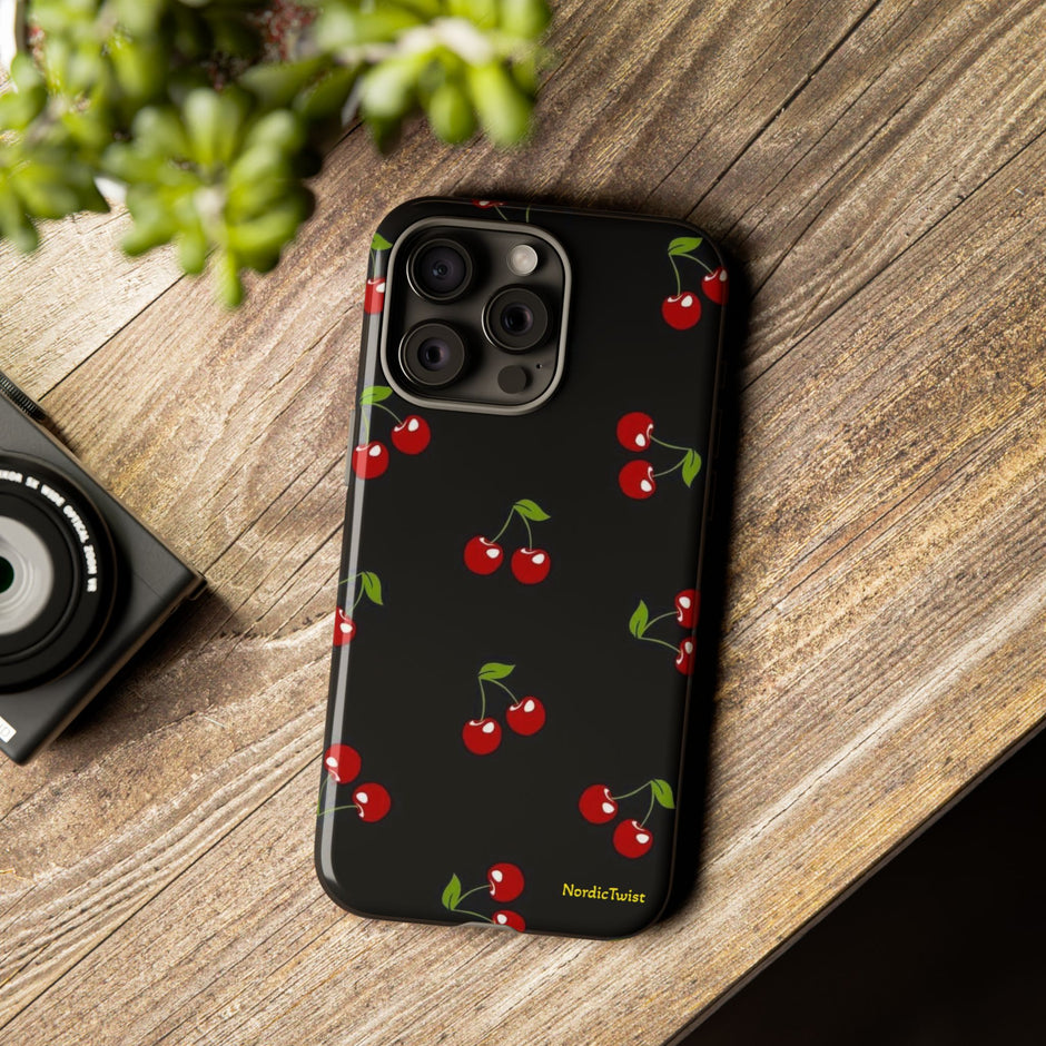 Cherry Pattern Tough Phone Case — Black Retro Cherry iPhone Cover