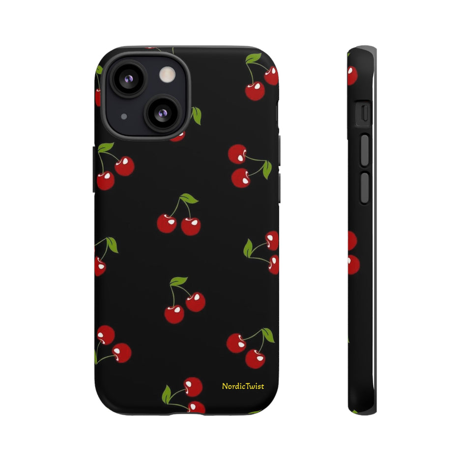 Cherry Pattern Tough Phone Case — Black Retro Cherry iPhone Cover