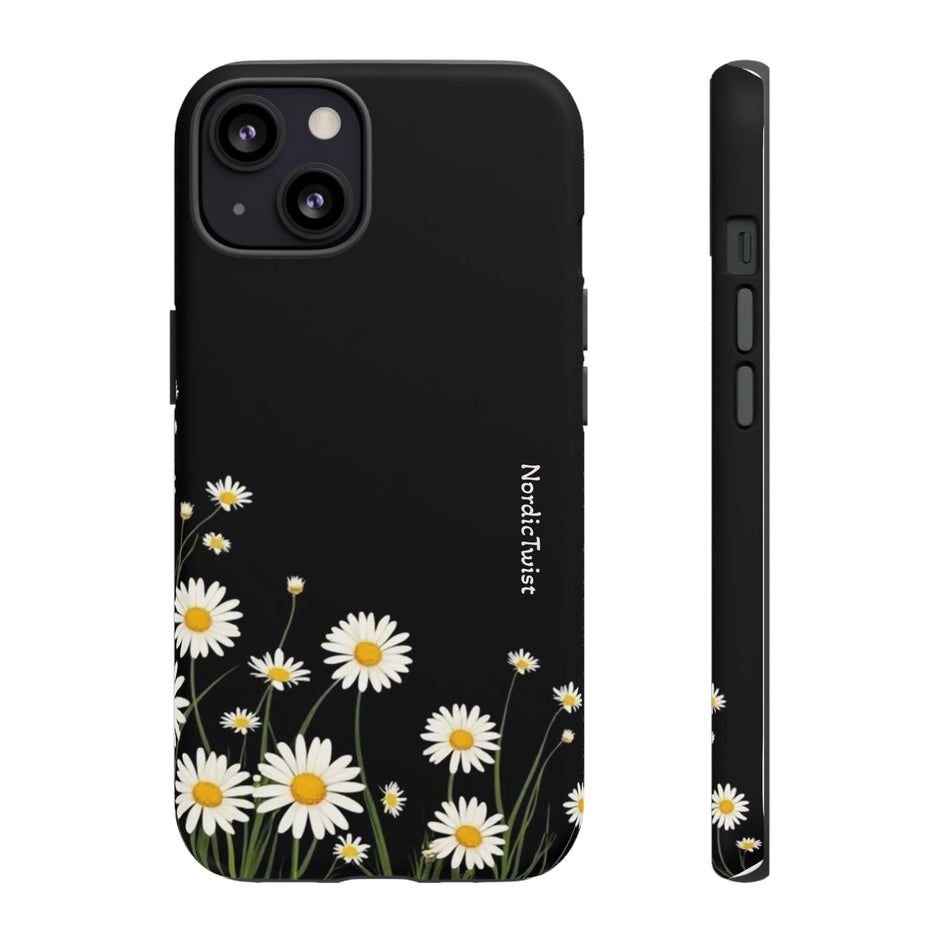 Daisy Floral Tough Phone Case – Protective Black Phone Cover with White Daisies