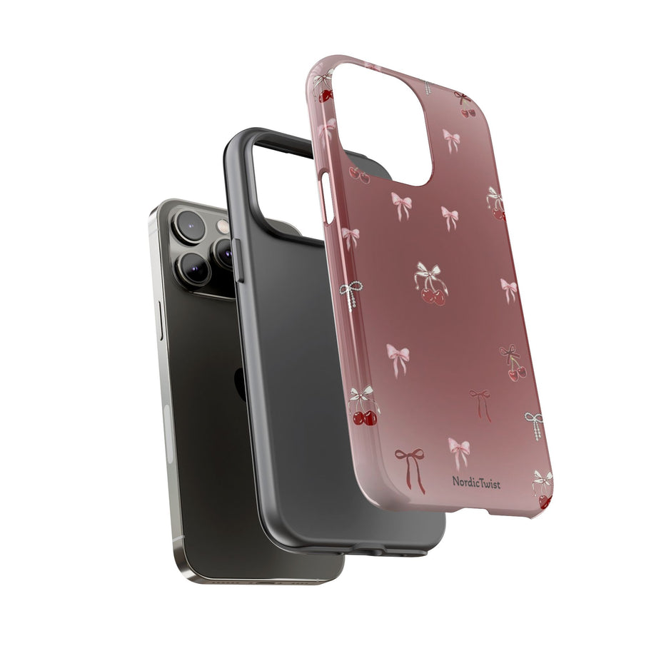 Cherry Bow Phone Case — Cute Red Gradient Protective Cover