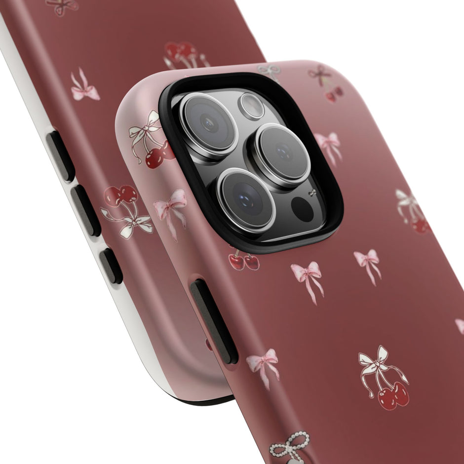 Cherry Bow Phone Case — Cute Red Gradient Protective Cover