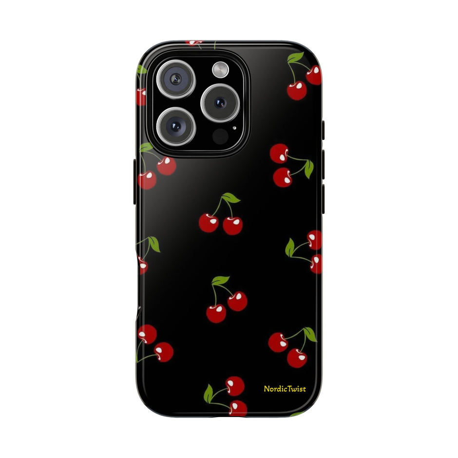 Cherry Pattern Tough Phone Case — Black Retro Cherry iPhone Cover
