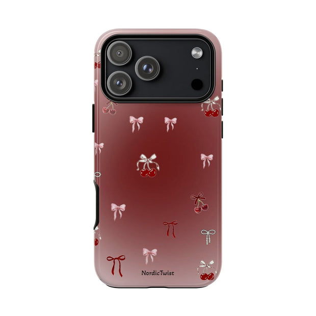 Cherry Bow Phone Case — Cute Red Gradient Protective Cover