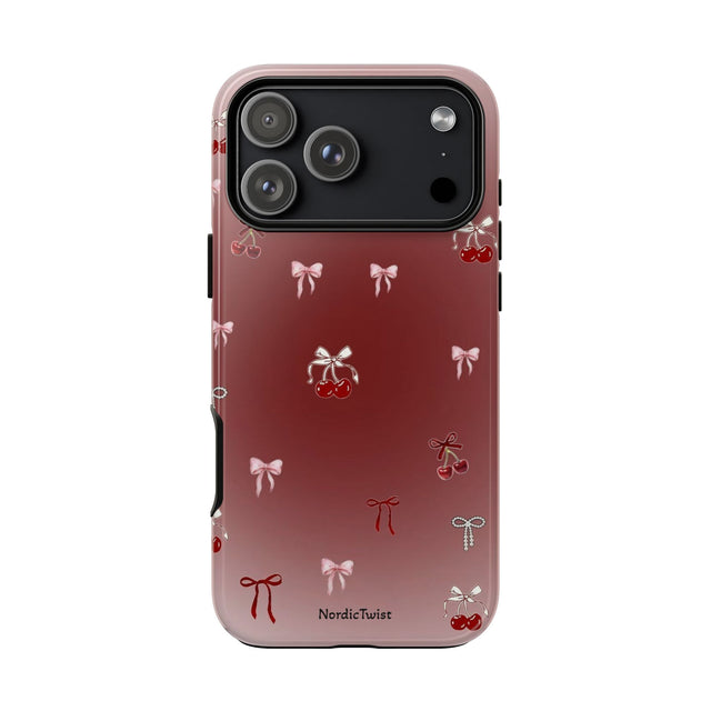 Cherry Bow Phone Case — Cute Red Gradient Protective Cover