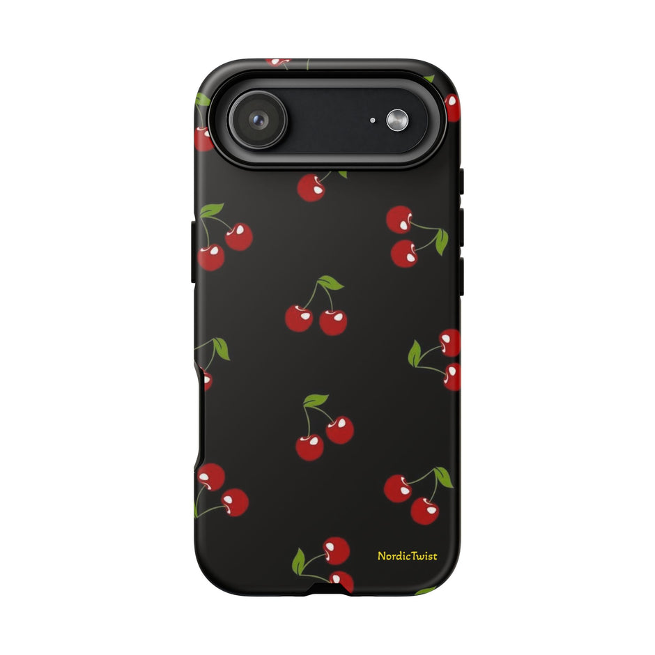 Cherry Pattern Tough Phone Case — Black Retro Cherry iPhone Cover